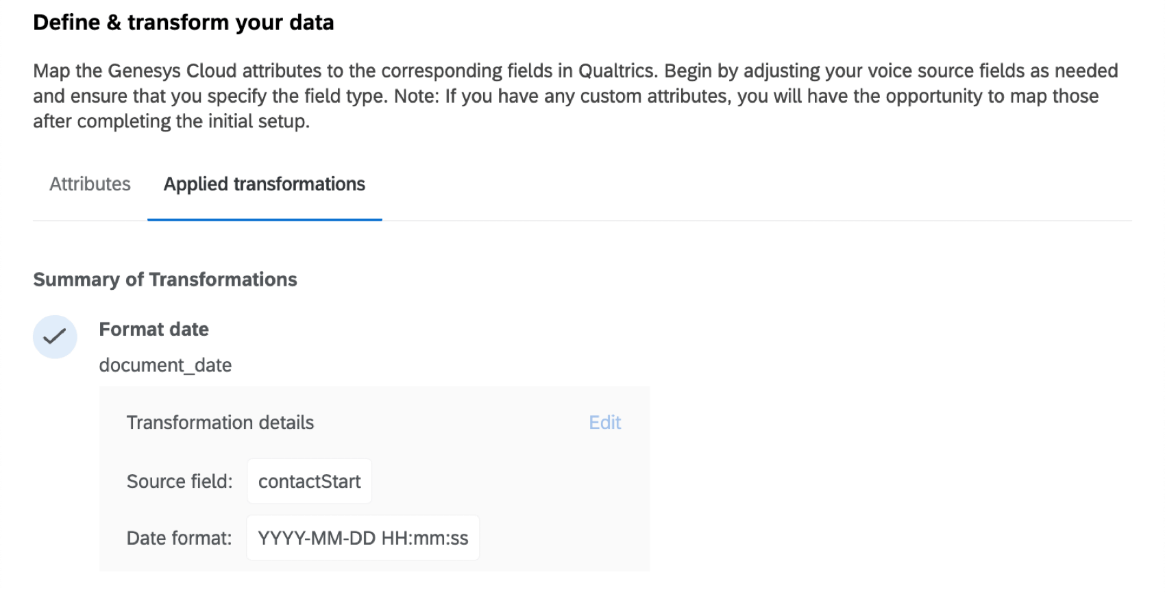 fenêtre avec un résumé des transformations appliquées