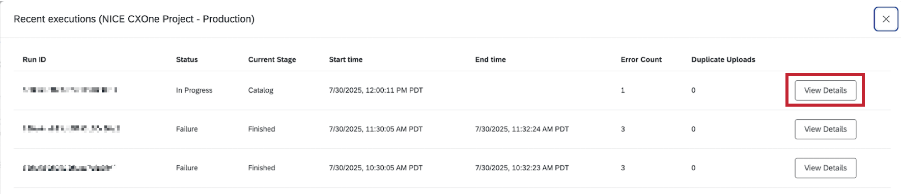 "view details" button next to a past voice task run