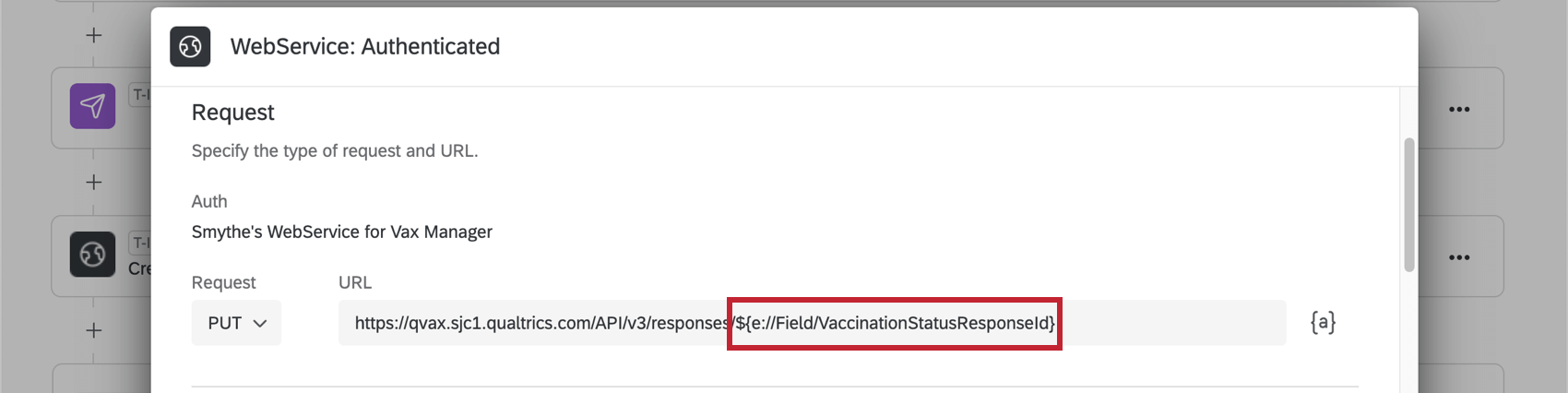 Image des paramètres à lintérieur du service web ; lURL de lAPI pour la mise à jour des réponses est ajoutée, mais à la place de lID se trouve le texte inséré pour le champ ID de la réponse sur létat de la vaccination