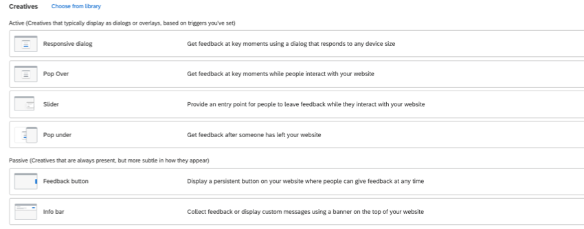 a list of creative types, including responsive dialogs, pop overs, sliders, and feedback buttons