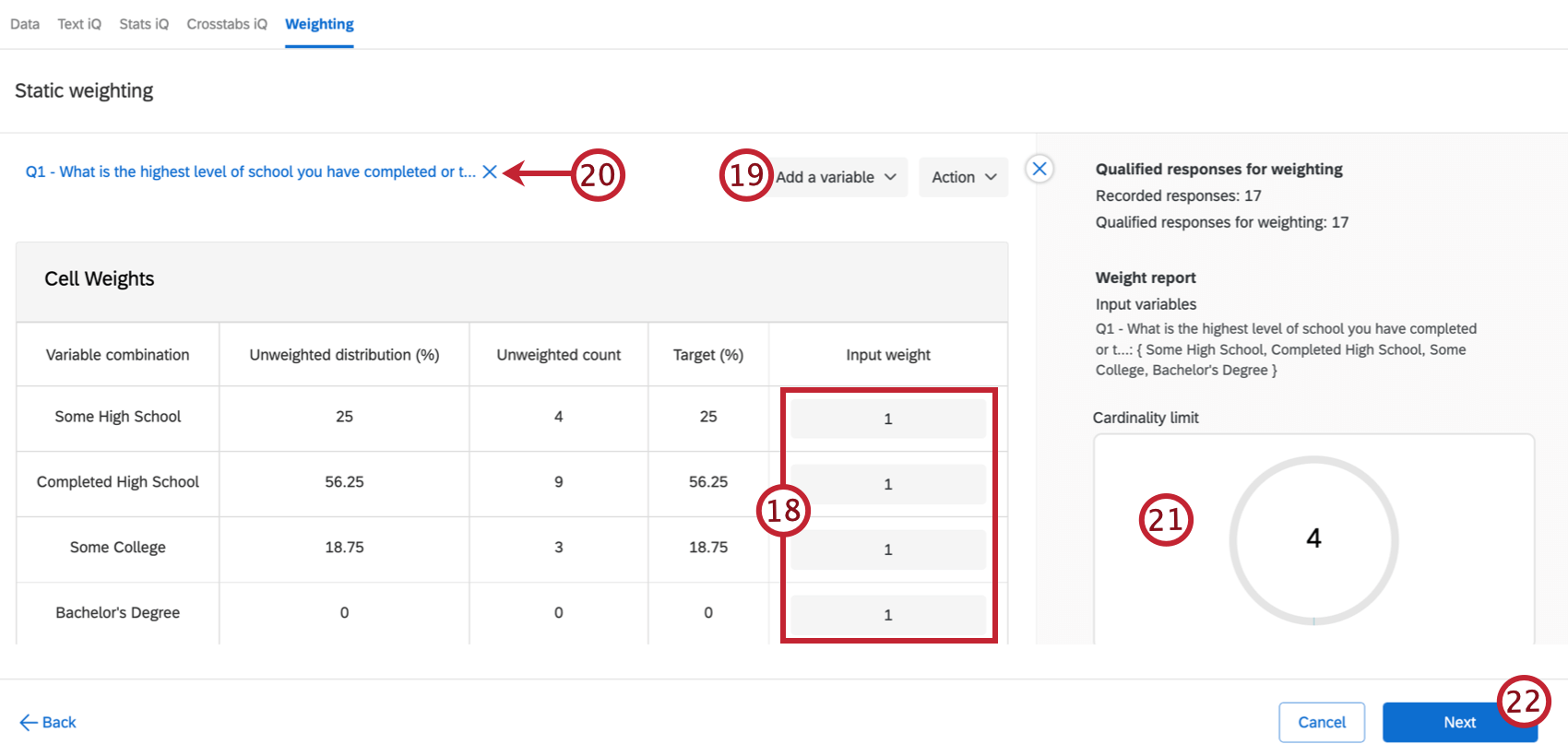 tableau avec les informations de pondération où les pondérations peuvent être ajustées