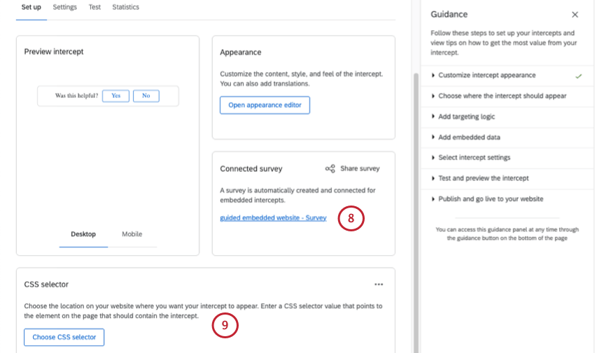 Enlace a encuestas conectadas, luego debajo de esa sección, botón para configurar el selector CSS
