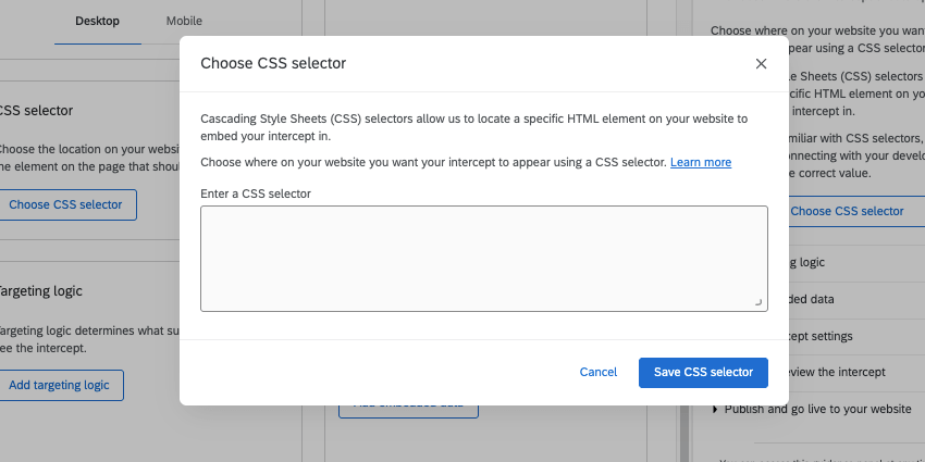 nova janela que se abre onde você cola o seletor CSS