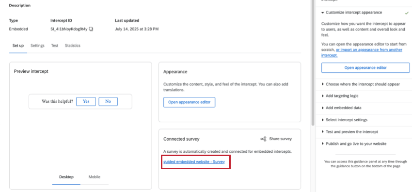 lien vers le texte dun nom denquête dans une section denquête connectée