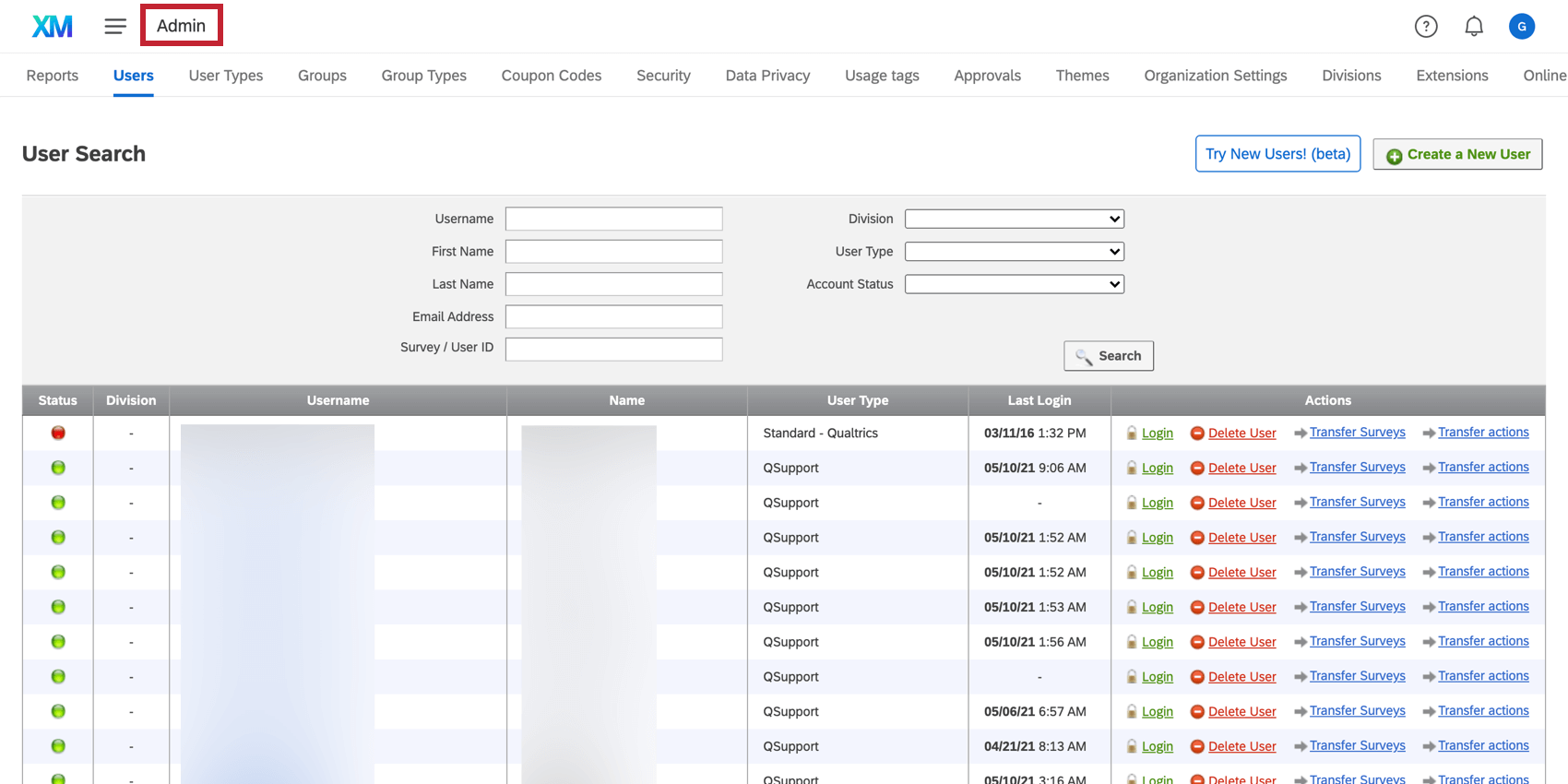 Admin page is indicated in the top left