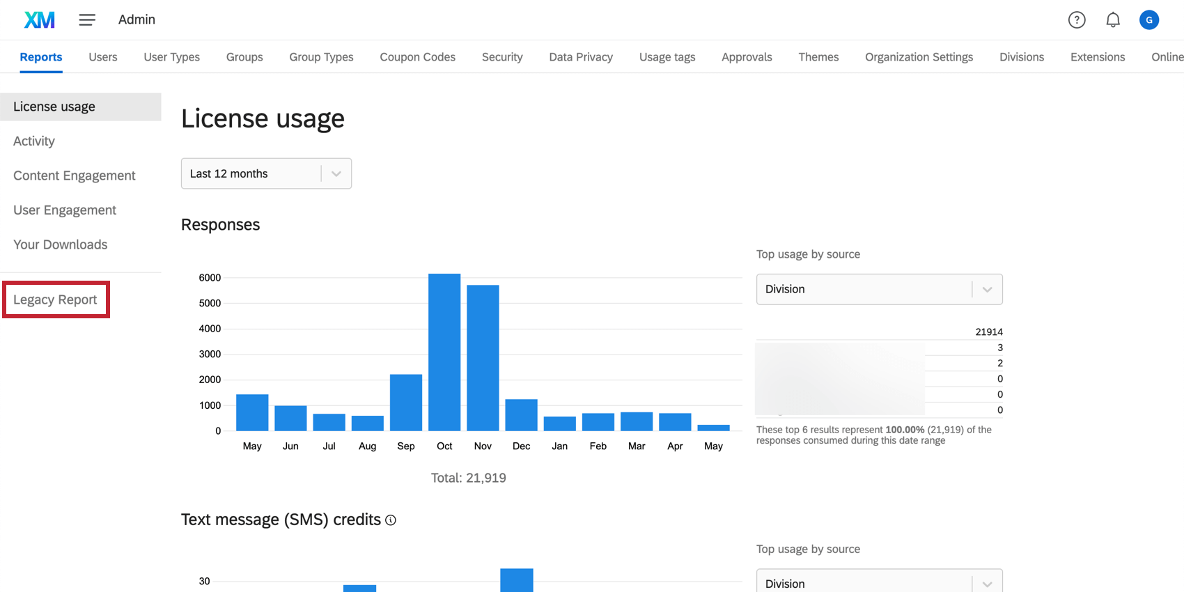 Legacy Report is indicated in the Reports section of the Admin page