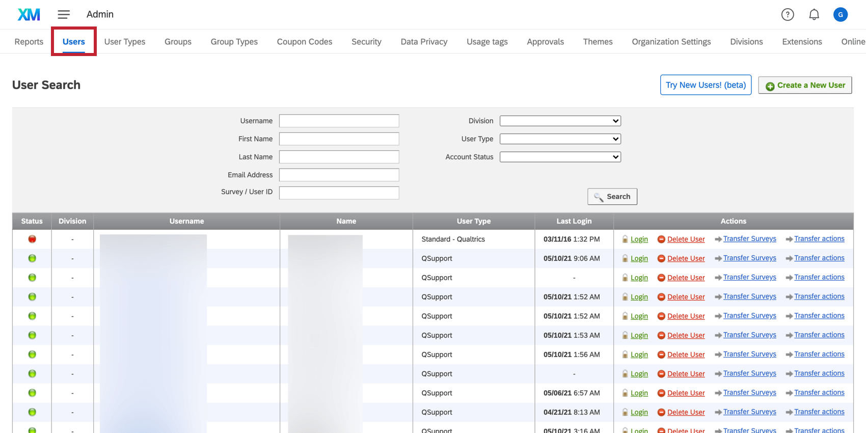 Users tab on the Admin page
