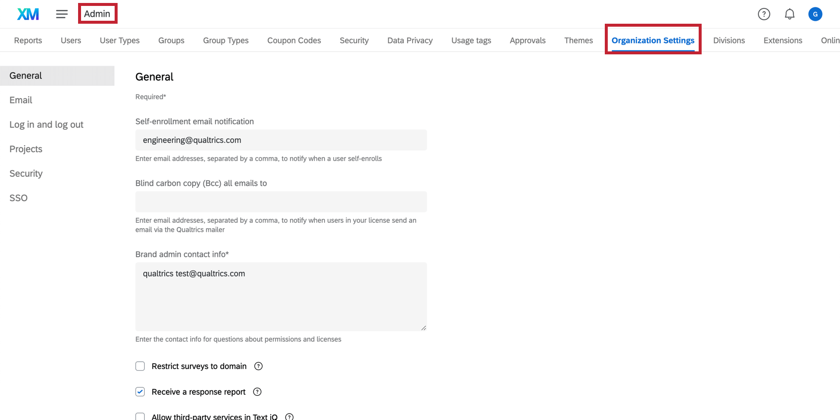 Organization Settings tab in the Admin section
