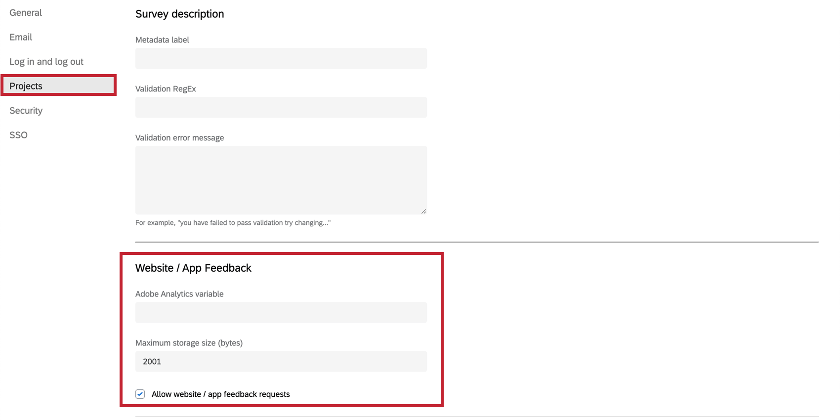 Einstellungen für Website-/App-Feedback im Abschnitt Projekte der Seite Organisation