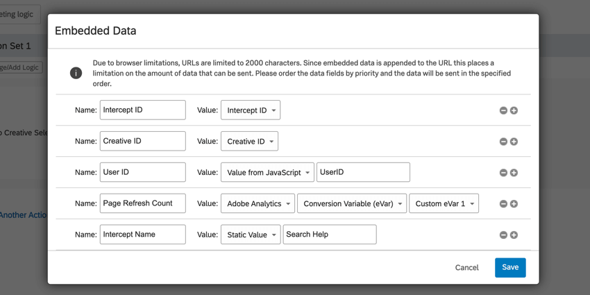 5 embedded data fields for an intercept