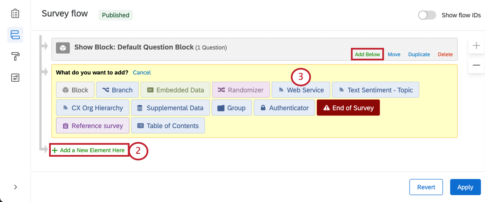 Add Below」と「Add a New element Here」ボタン; 「What do you want to add?」メニューの「Web Service」オプション。