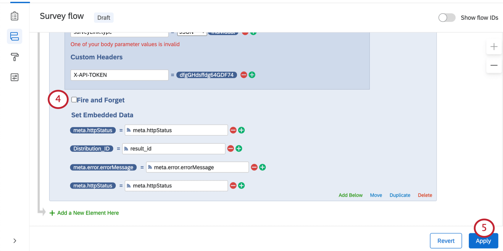 Opção Fire and Forget acima dos campos; Aplicar no canto inferior direito