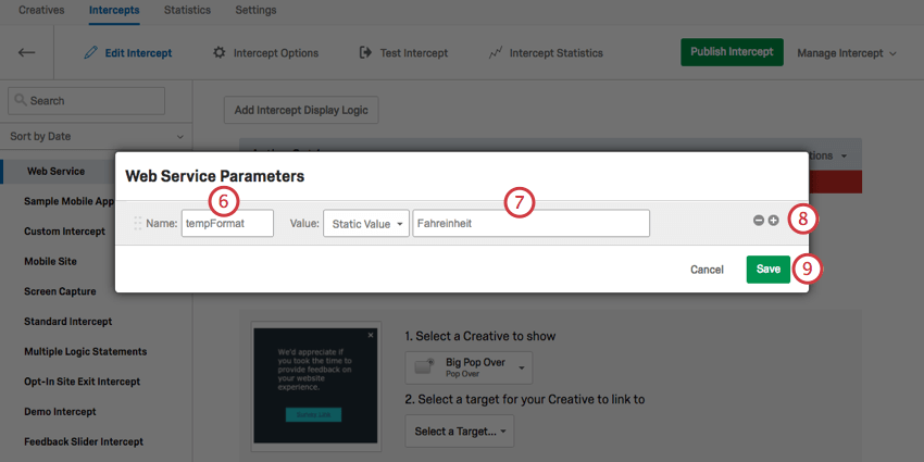 Field for name, value, plus and minus signs, and a save button in the lower-right