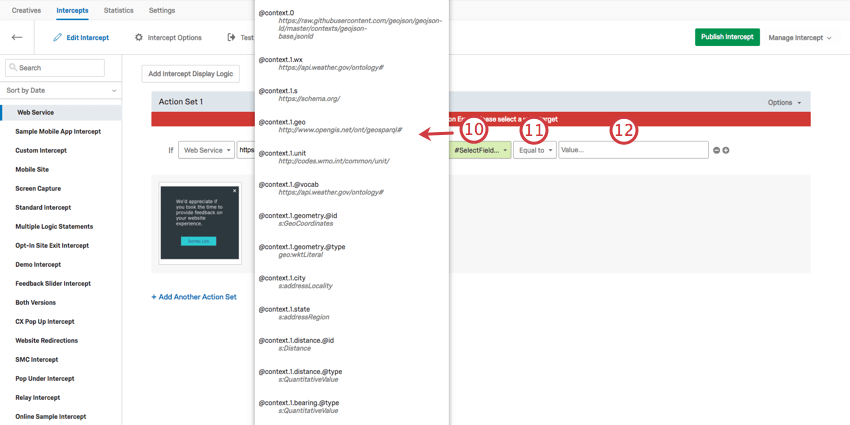 Select Field menu expanded to Web Service values