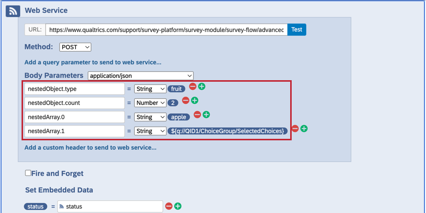 ein Webservice-Element, das die Punktnotation zur Übergabe von Körperparametern verwendet