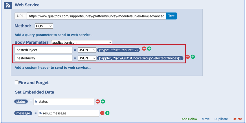ein Webservice-Element, das das json für Body-Parameter verwendet