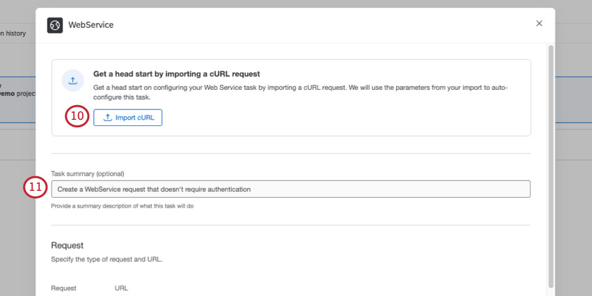 button that says get a head star by importing curl commands; task summary field
