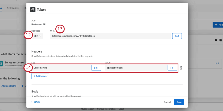 escolher a solicitação e inserir um URL