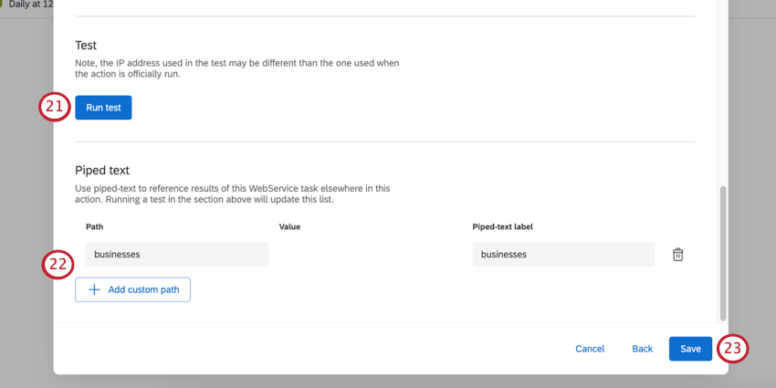botão executar teste. seção denominada texto transportado, onde você adiciona caminhos JSON
