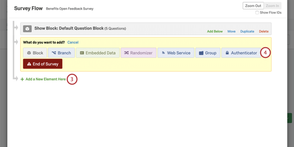 Yellow area in survey flow where you can choose from colorful elements - authenticator in blue