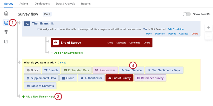 navigating to survey flow and adding a web service element