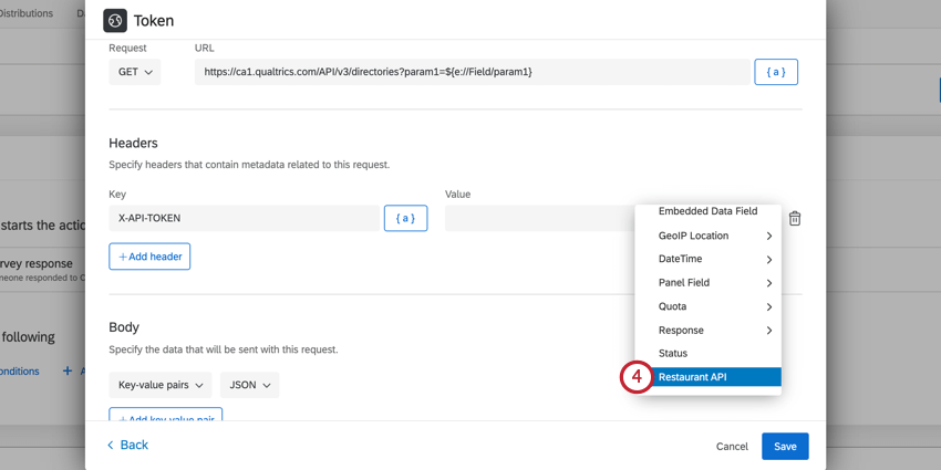 selecting the API token field for the token header
