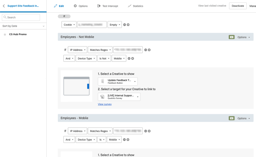 imagen de una configuración de intercept independiente que establece las condiciones bajo las cuales aparecen ciertas cosas en el sitio web.