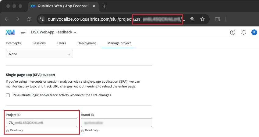 die Website App ERKENNTNISSE Projekt ist geöffnet und zeigt die Registerkarte Projekte verwalten an, wo die Projekt-ID unten zu finden ist. Die URL-Leiste des Browsers wird ebenfalls angezeigt, und Sie können sehen, wo die Zone ID in der URL-Leiste ist