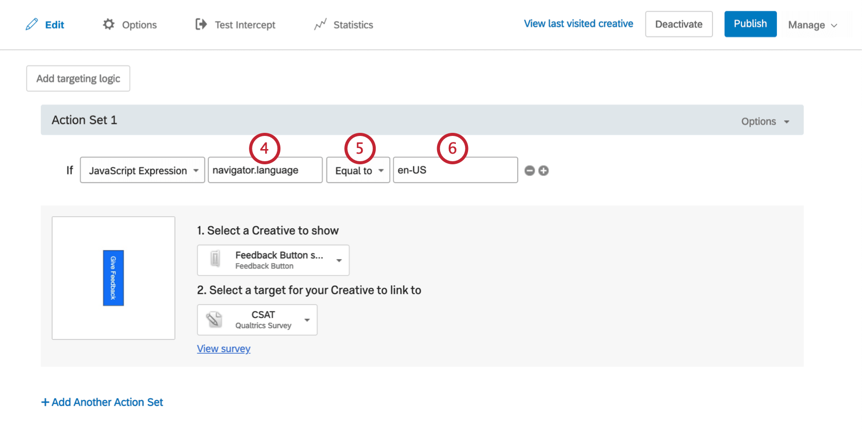 The condition says the Creative will appear if Javascript Expression navigation language is equal to English U.S.