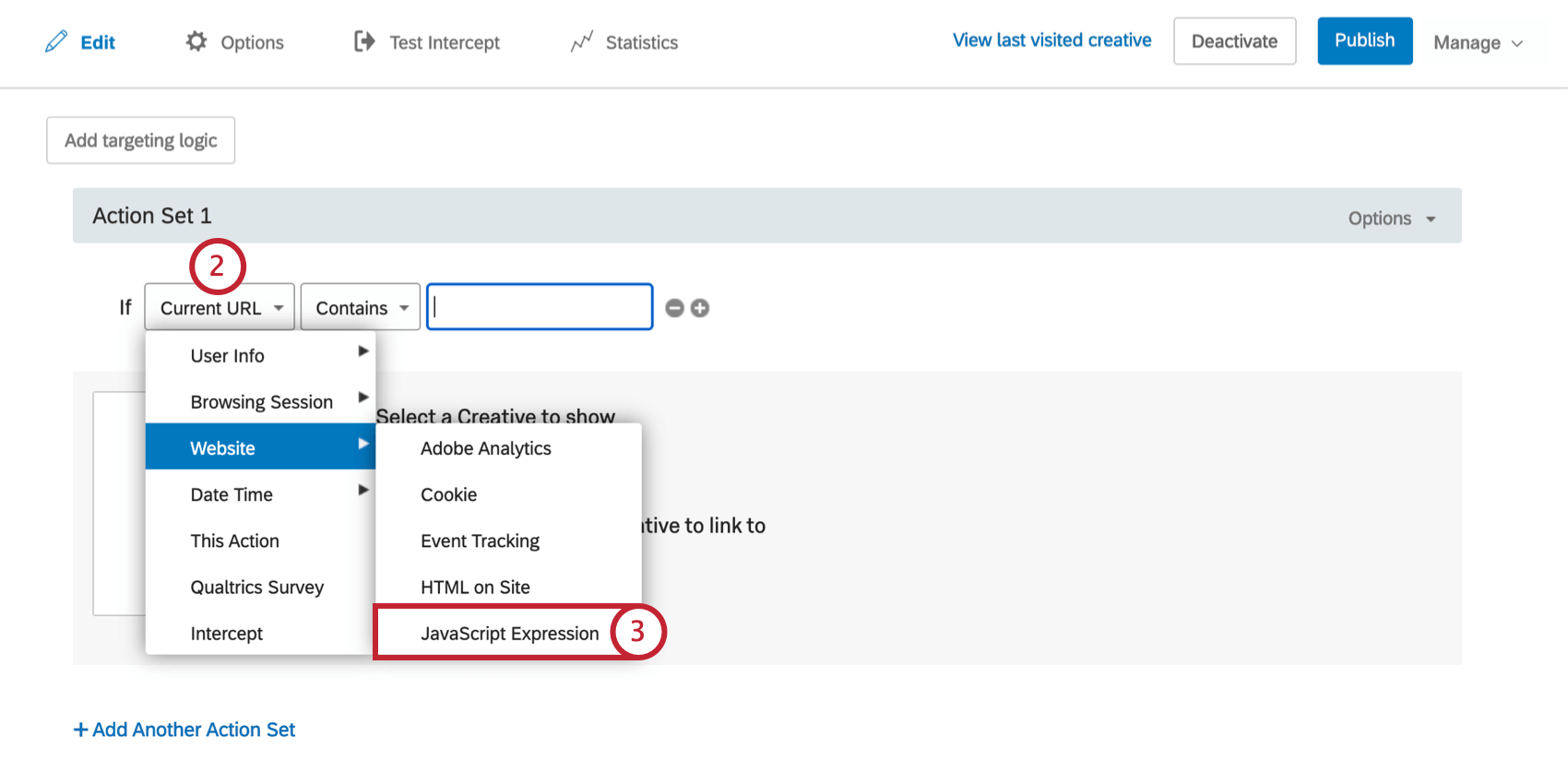 Il primo campo della logica di Adobe Analytics è a discesa, dal menu Sito web si seleziona Espressione Javascript