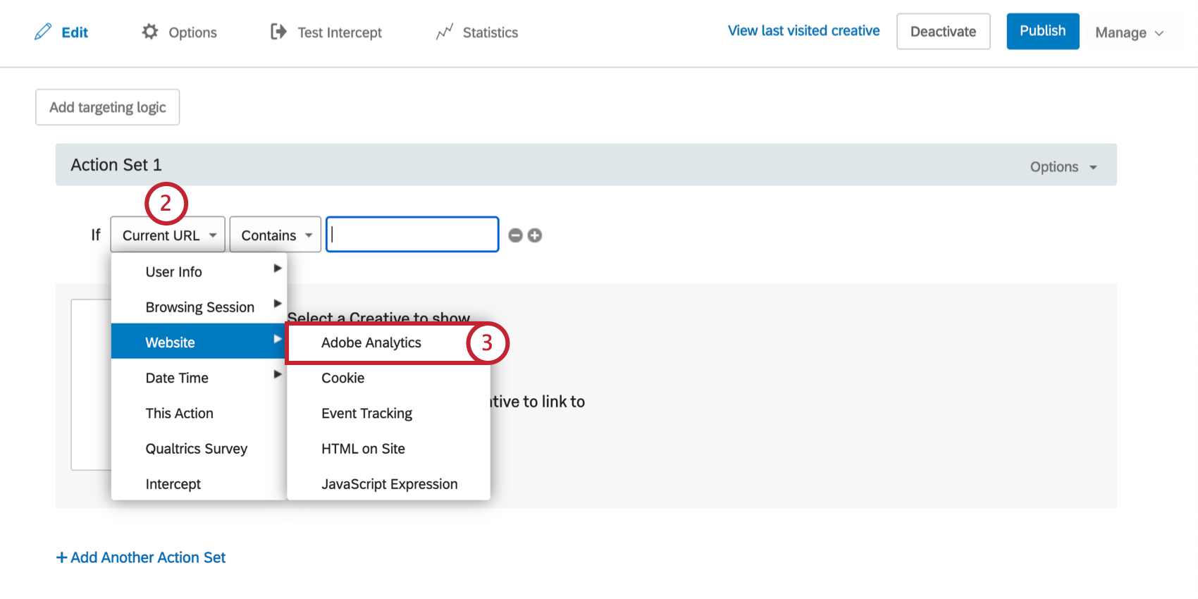 Das erste Feld wird verworfen, die Website wird hervorgehoben, und Adobe Analytics wird aus diesem Menü ausgewählt.