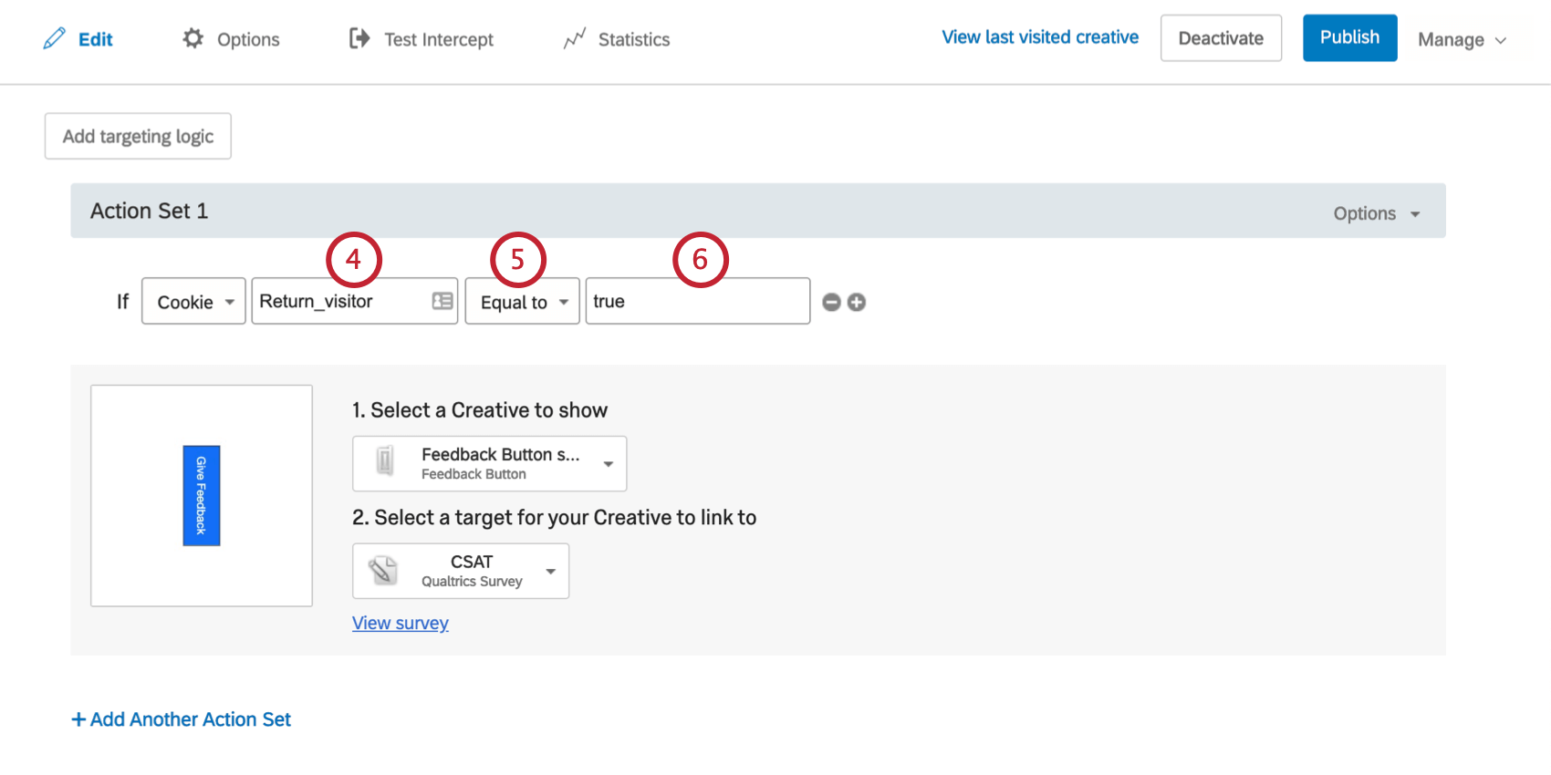 A condição diz que o Criativo aparecerá se Cookie return visitor for igual a true