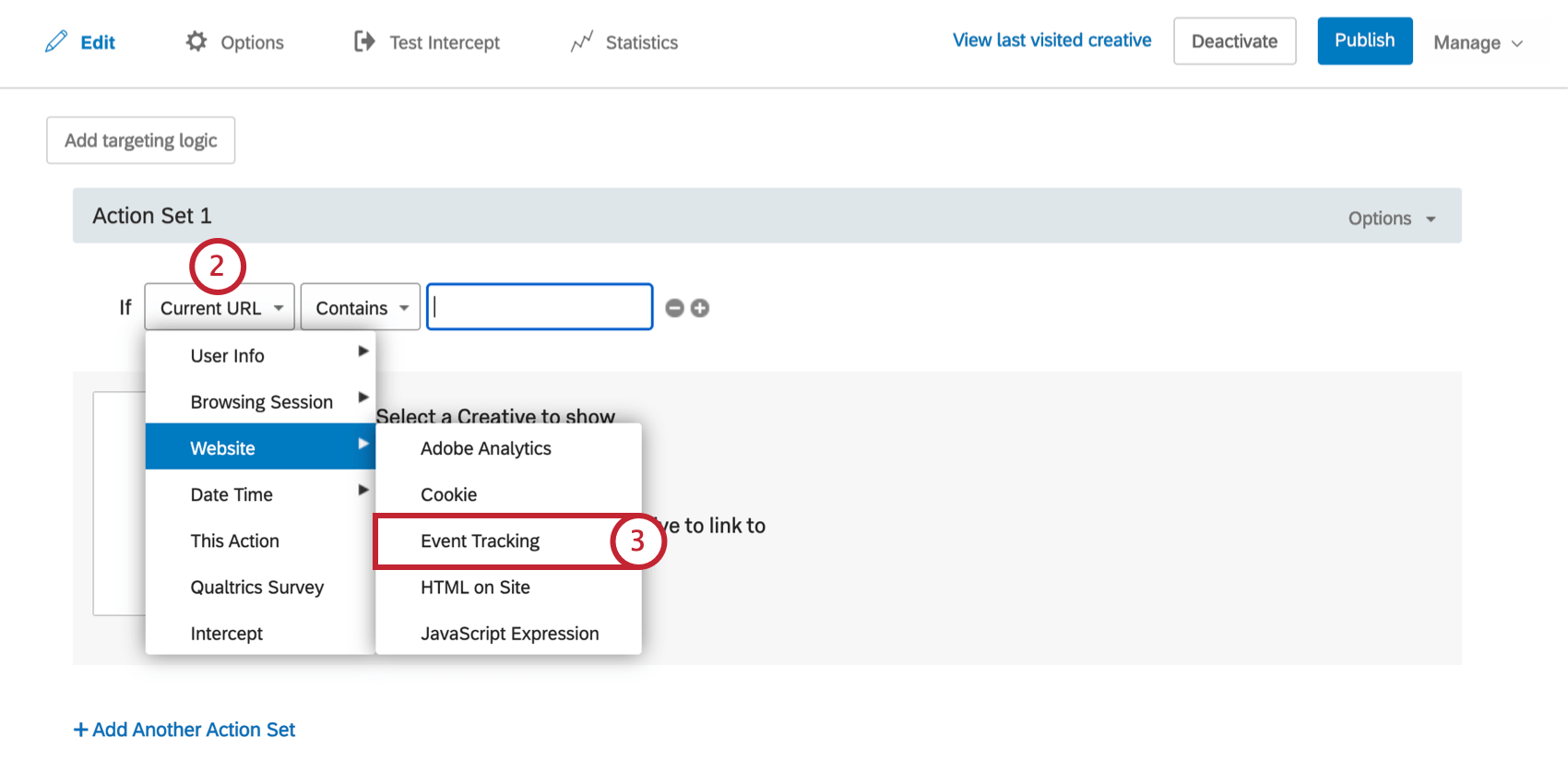 Il primo campo della logica di Adobe Analytics viene abbassato, dal menu Sito web si seleziona Evento Tracking