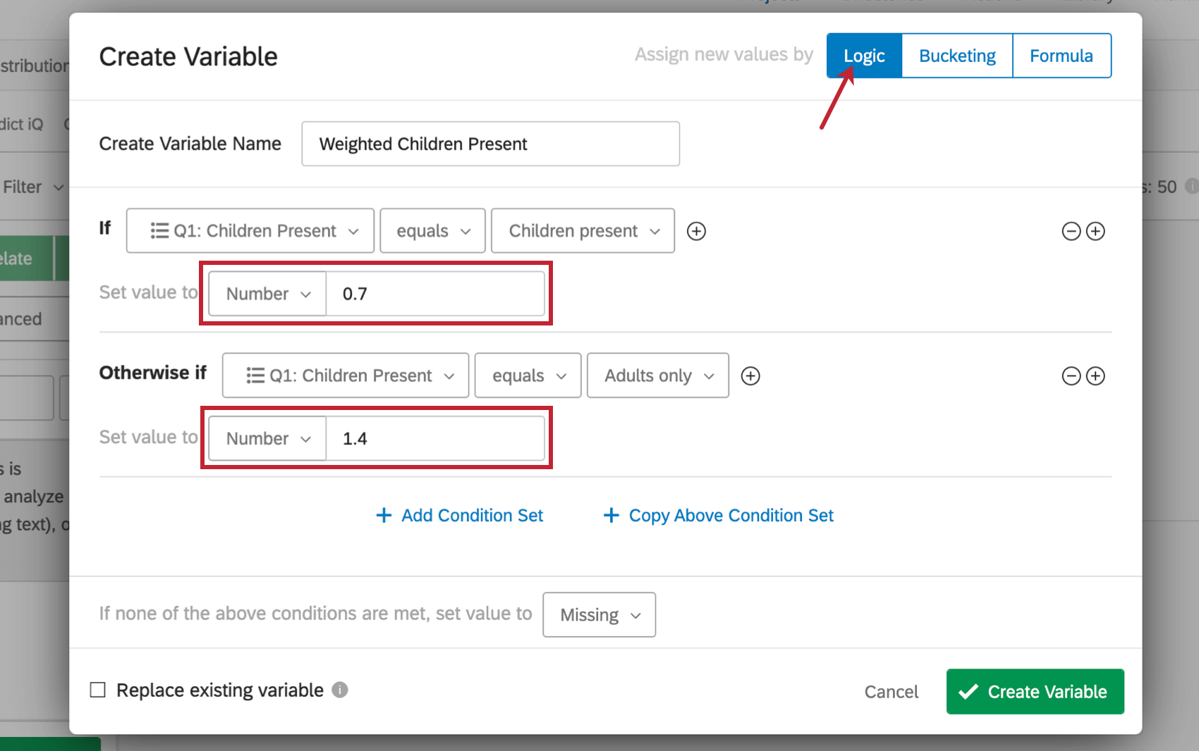 Impostazione dei pesi nella scheda Logic del menu Create Variable (Crea variabile)