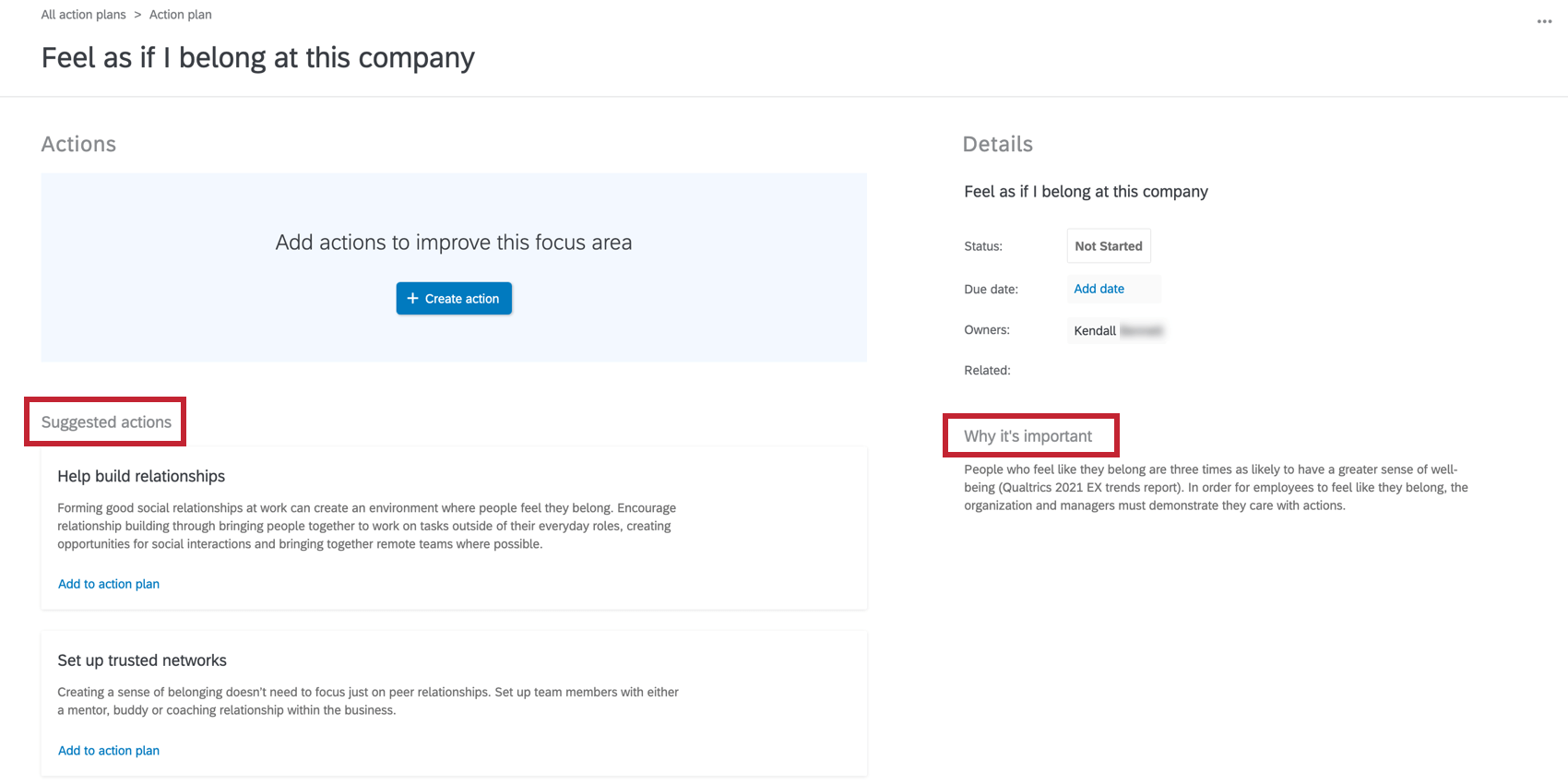 Shows examples of Action planning for the well-being at work solution.