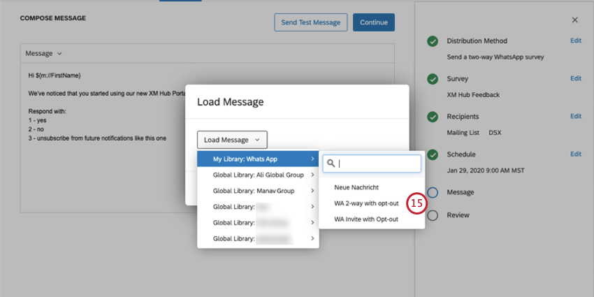 Une nouvelle fenêtre souvre pour la sélection des messages de la bibliothèque