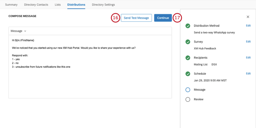 Send test and continue on options are upper-right of the message field