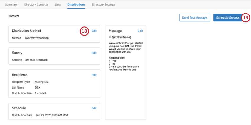 Final screen before submitting a distribution