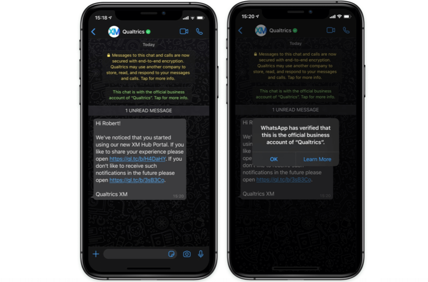 Téléphone avec whatsapp ouvert. Affiche les informations didentification dun compte professionnel officiel whatsapp, qui vérifie la validité dun expéditeur en tant quentreprise existante
