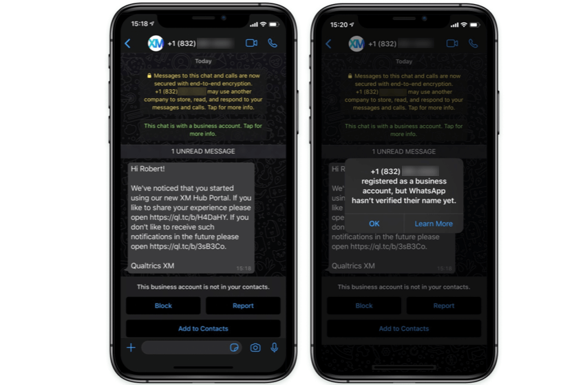Teléfono con whatsapp abierto. Muestra las credenciales de una cuenta empresarial no oficial whatsapp, que advierte al destinatario que el emisor no es un negocio verificado