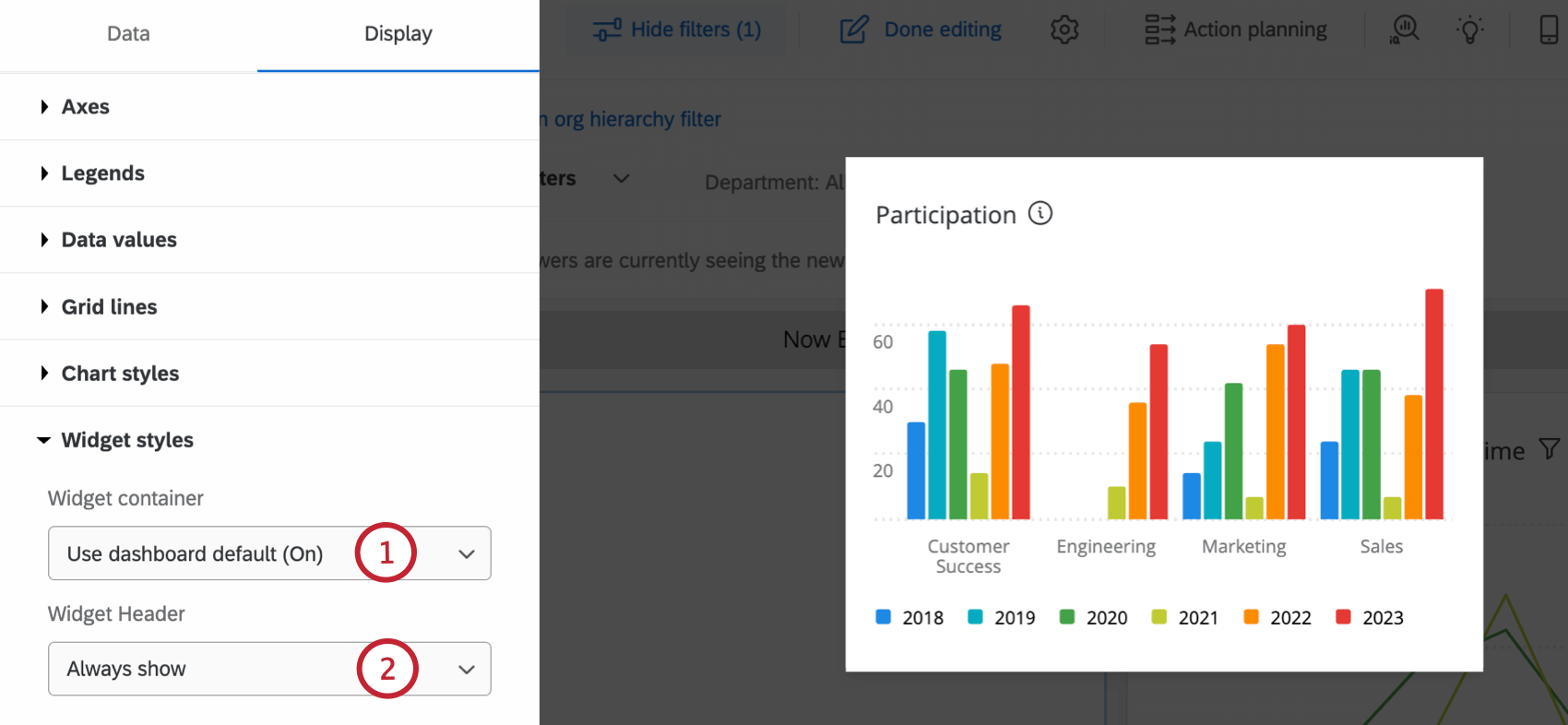 Optionen im Abschnitt „Widget“ beim Bearbeiten der Anzeige eines Widget