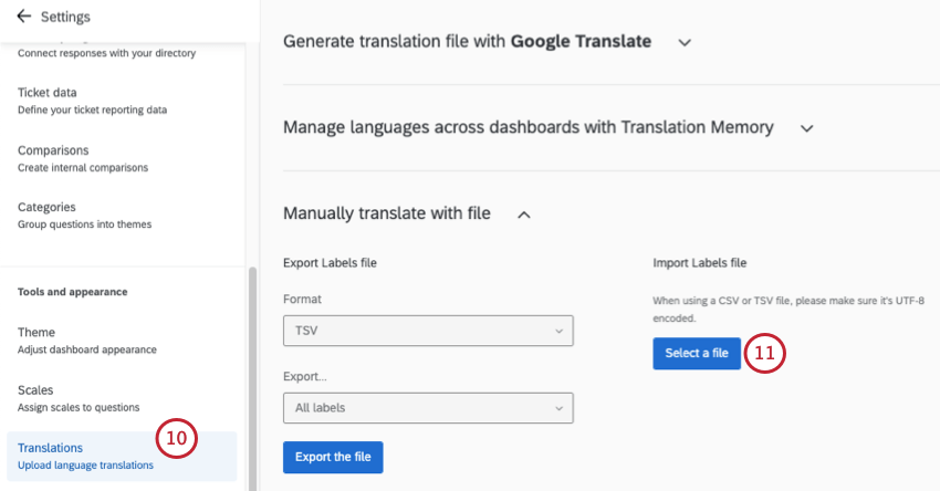 going to dashboard settings and opening translations page there to upload a file