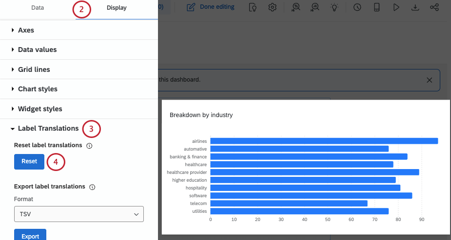 display settings of a bar chart with label translation settings displayed