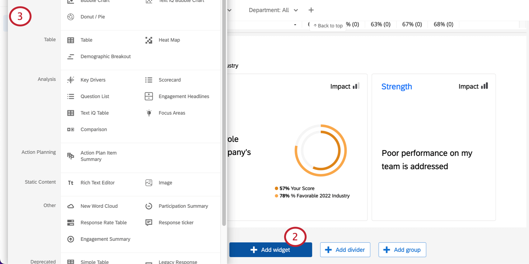 O botão Add Widget abre um menu de tipos de widget