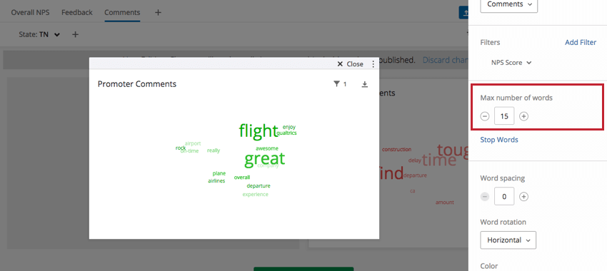 Max number of words section in righthand editing pane