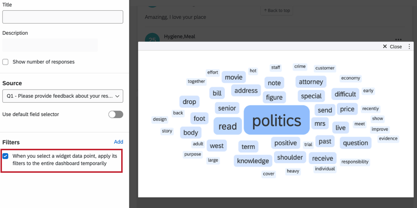 the option for applying word filters from the word cloud