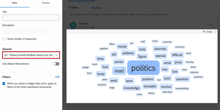 ソースのドロップダウンを使用して、表示する質問の回答を選択します。