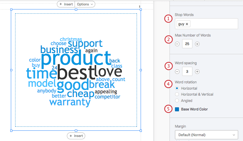 word cloud selected with the editing pane options numbered on the right