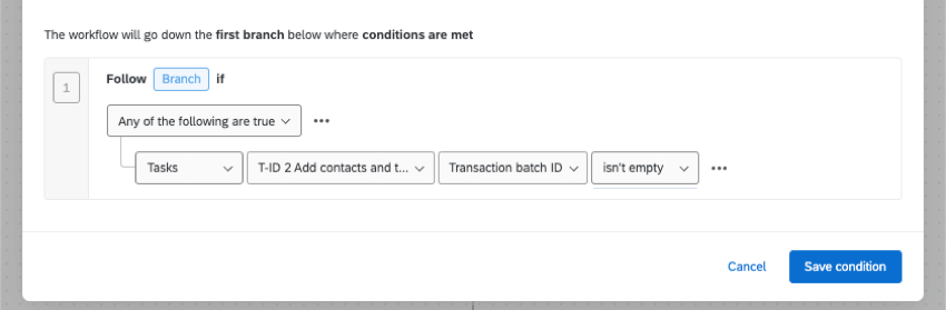suivre la branche si les tâches ajoutent des contacts et des transactions à lID de lot de la transaction XMD nest pas vide