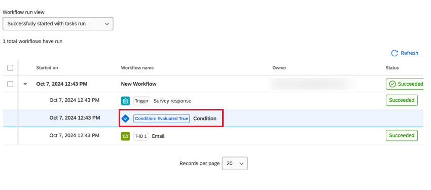 viewing a successfully run workflow, and clicking on the condition block to see more about how it was evaulated